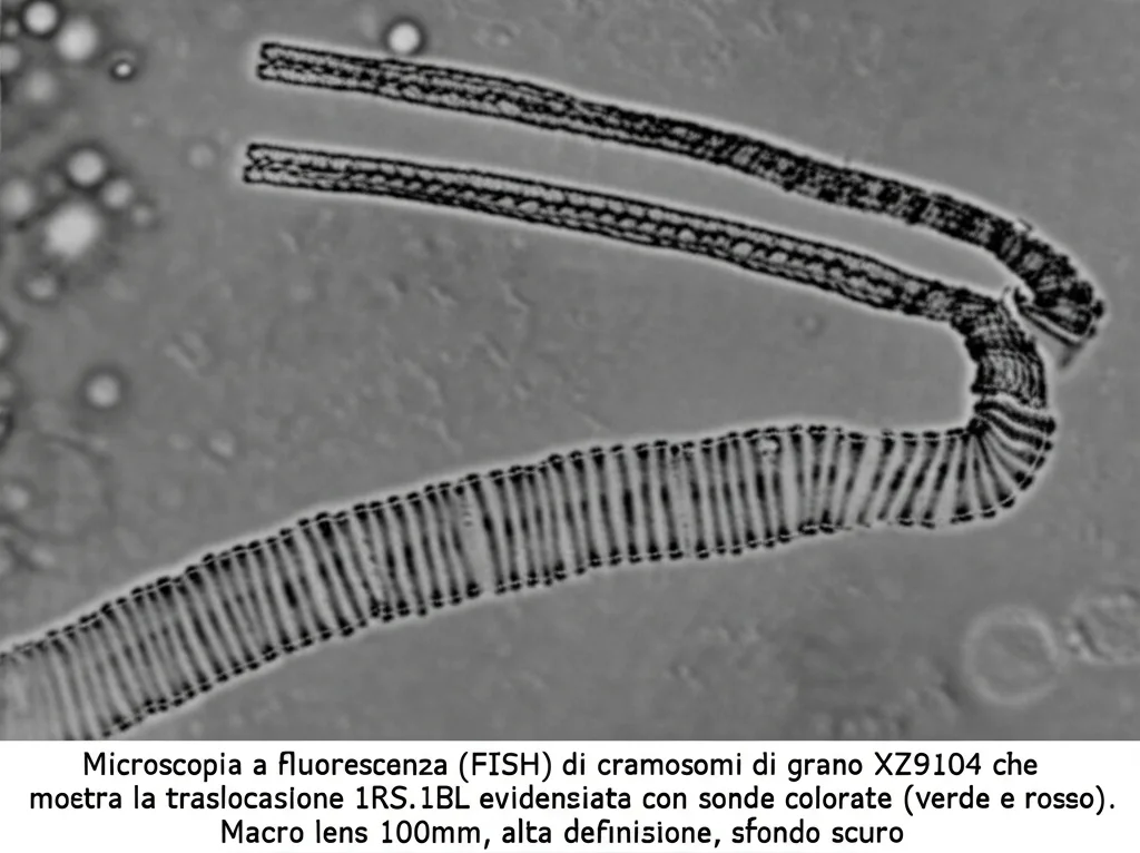 Microscopia a fluorescenza (FISH) di cromosomi di grano XZ9104 che mostra la traslocazione 1RS.1BL evidenziata con sonde colorate (verde e rosso). Macro lens 100mm, alta definizione, sfondo scuro.