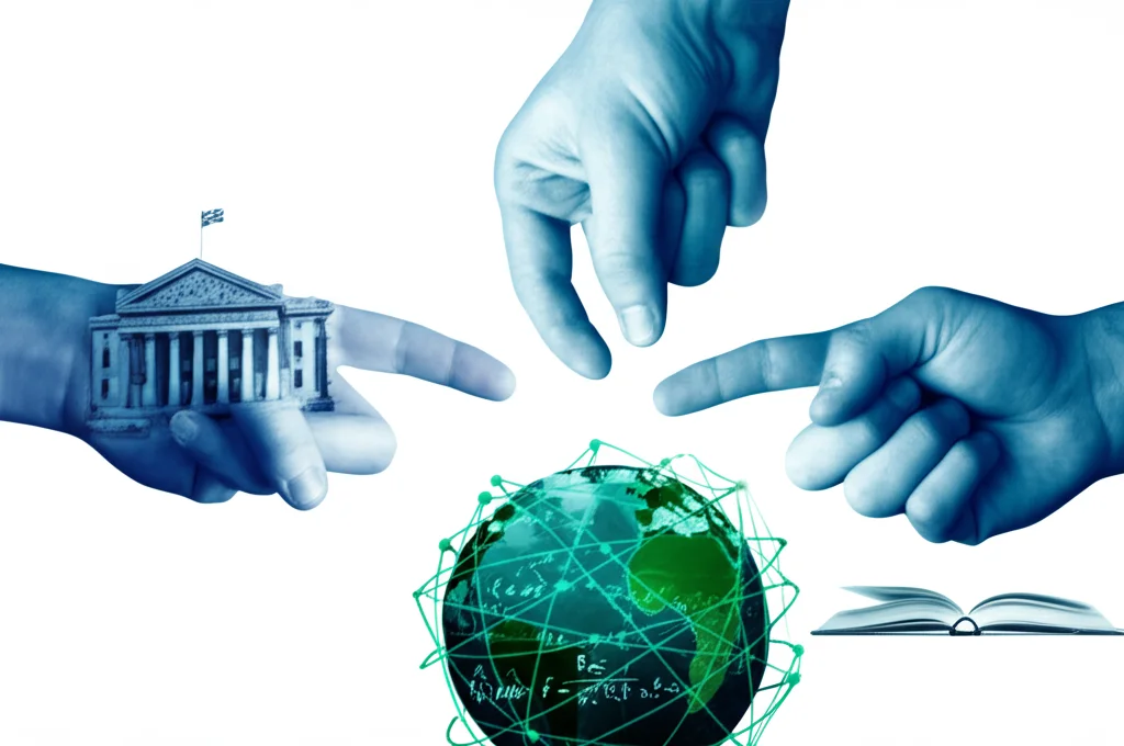 Tre mani stilizzate - una simboleggia un edificio governativo con una bandiera, una un globo terrestre stilizzato con reti di connessione, una un libro aperto con formule matematiche e grafici - che si uniscono al centro formando un triangolo. Prime lens, 35mm, depth of field, duotone blu istituzionale e verde speranza.