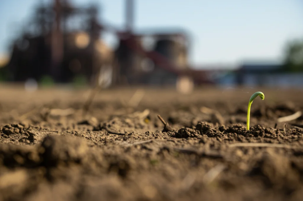 Immagine macro di un germoglio verde che spunta da un terreno industriale arido, con una fabbrica sfocata sullo sfondo. Obiettivo macro 100mm, dettagli elevati sul germoglio, profondità di campo ridotta, luce naturale morbida, simboleggia la speranza e la trasformazione ecologica.