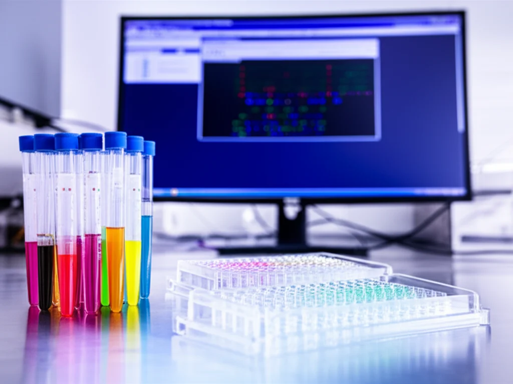 Laboratorio di genetica molecolare con provette, piastre PCR e uno schermo che mostra risultati di genotipizzazione KASP con punti colorati. Prime lens 50mm, illuminazione controllata da laboratorio, focus sui dettagli tecnici.