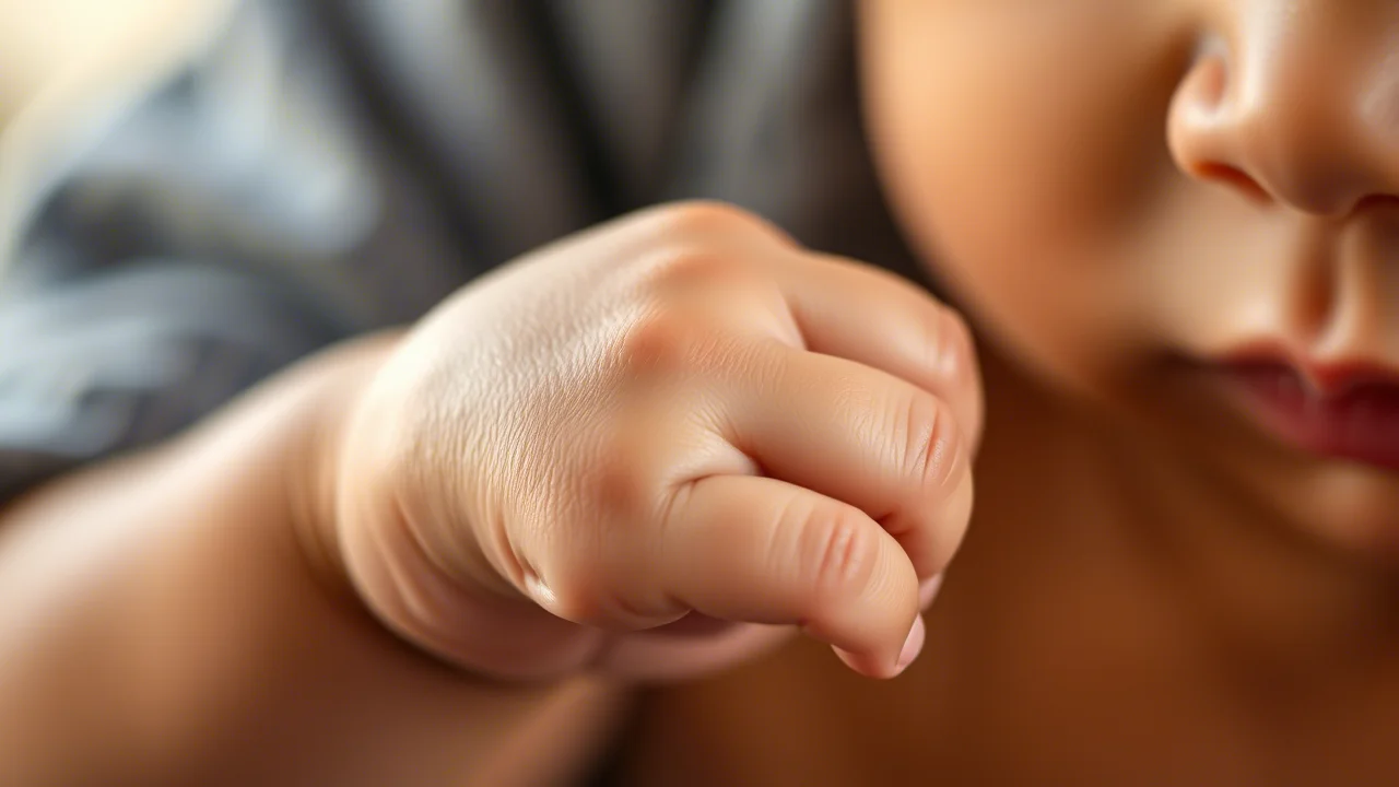 Fotografia macro di una mano di neonato che stringe delicatamente il dito di un adulto, illuminazione controllata e morbida, obiettivo macro 90mm, alta definizione, sfondo leggermente sfocato per enfatizzare il legame e la vulnerabilità della prima infanzia nel contesto della salute globale.