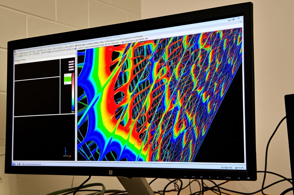 Vista grandangolare, obiettivo 20mm, uno schermo di computer mostra una simulazione colorata agli Elementi Finiti (FEM) di una struttura a intreccio iperbolico sotto stress, evidenziando le concentrazioni di sforzo e i pattern di deformazione, messa a fuoco nitida sui dettagli dello schermo.