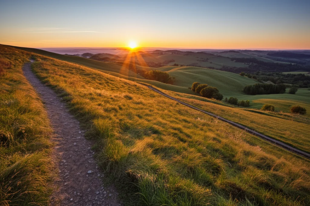Paesaggio ad angolo largo, lenti da 15 mm, focus acuto, che mostra un percorso complesso e tortuoso che porta verso un'alba piena di speranza sulle colline, simboleggiando il viaggio impegnativo ma potenzialmente positivo e complesso del trattamento ARFID che coinvolge più approcci tra cui i farmaci.