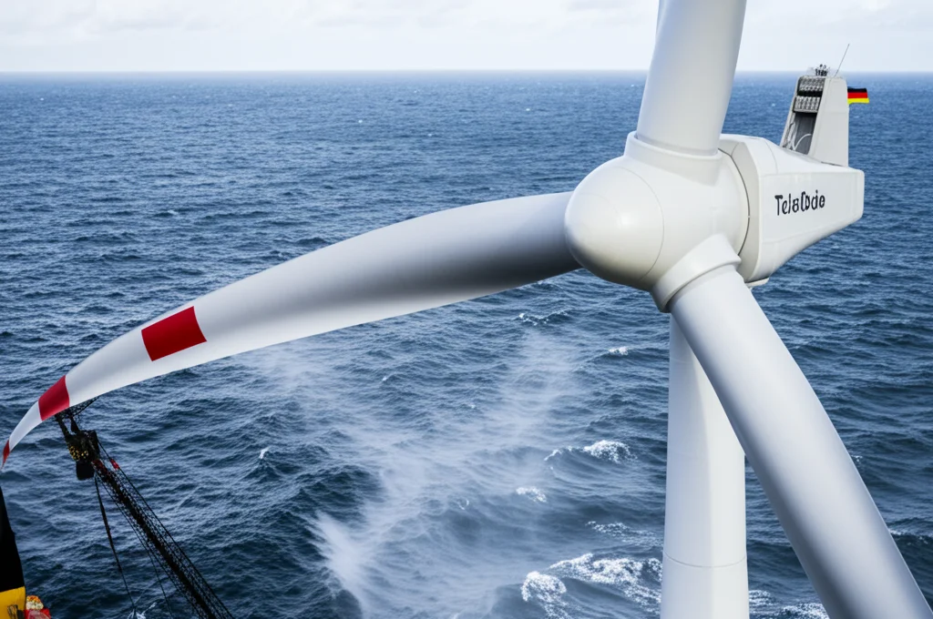 Teleotdo Zoom, 200 mm, scatto d'azione che cattura l'installazione di un'enorme lama a turbina eolica offshore da una nave specializzata vicino alla costa tedesca, velocità di scatto rapida per congelare il movimento, spray mare dinamico, che simboleggia l'Energiewende tedesca.