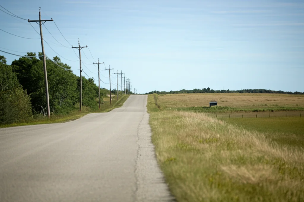 Fotografia realistica di una strada rurale isolata nelle province atlantiche del Canada, che simboleggia le lunghe distanze per accedere ai servizi sanitari per giovani con autismo. Obiettivo 24mm, luce naturale, messa a fuoco nitida.