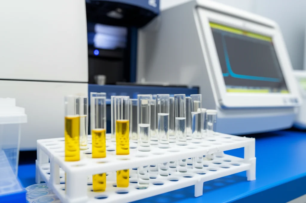 Primo piano di diverse cuvette spettrofotometriche riempite con soluzioni limpide di farmaci, posizionate su un rack da laboratorio. Sullo sfondo, uno spettrofotometro UV-Vis moderno con lo schermo acceso che mostra uno spettro. Illuminazione controllata da laboratorio, lente macro 100mm, alta definizione dei dettagli delle cuvette e dello strumento.
