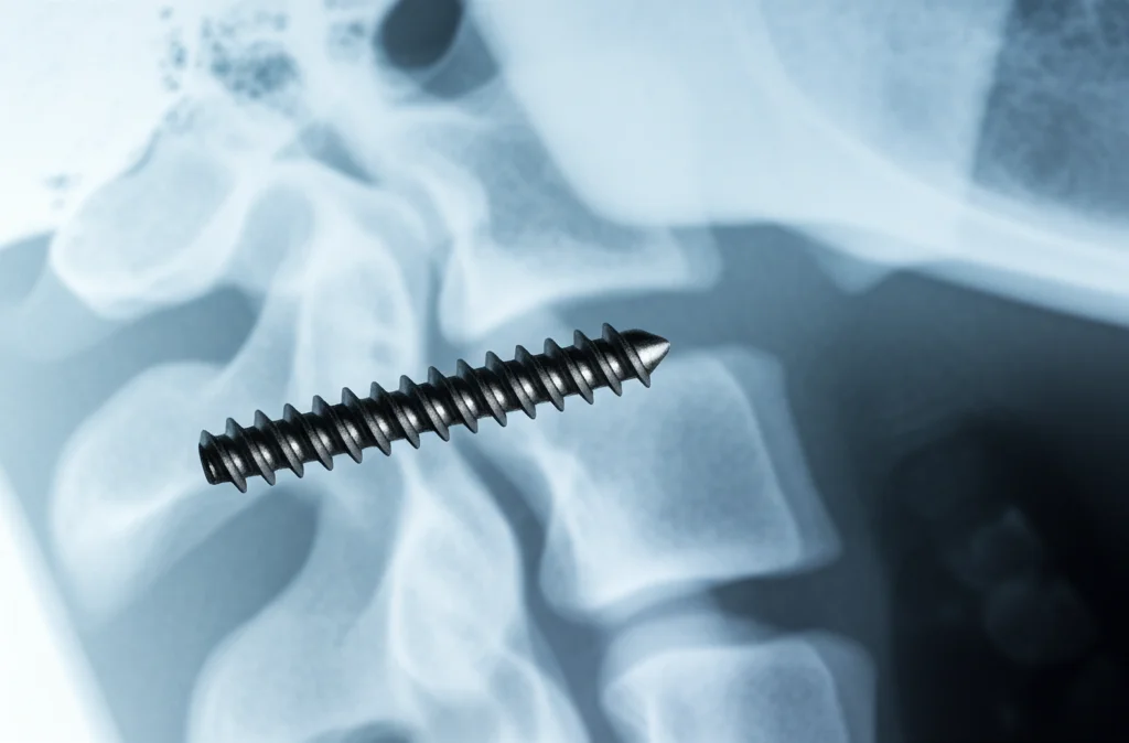 Fotografia macro di una vite chirurgica in titanio appoggiata su una radiografia della colonna cervicale, messa a fuoco precisa sui dettagli della filettatura, illuminazione controllata da studio, obiettivo macro 100mm.