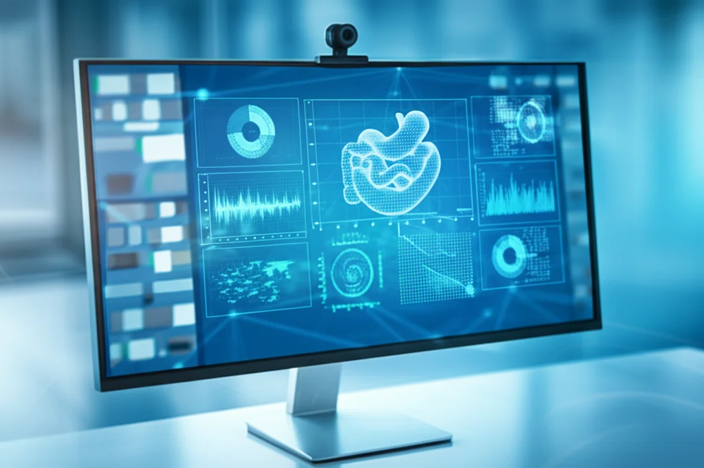 Schermo di computer in un laboratorio moderno che mostra grafici complessi di farmacocinetica PBPK e simulazioni 3D dell'assorbimento di farmaci nell'intestino, con riflessi di dati scientifici, obiettivo prime 35mm, profondità di campo ridotta per focalizzare sui grafici e le simulazioni.
