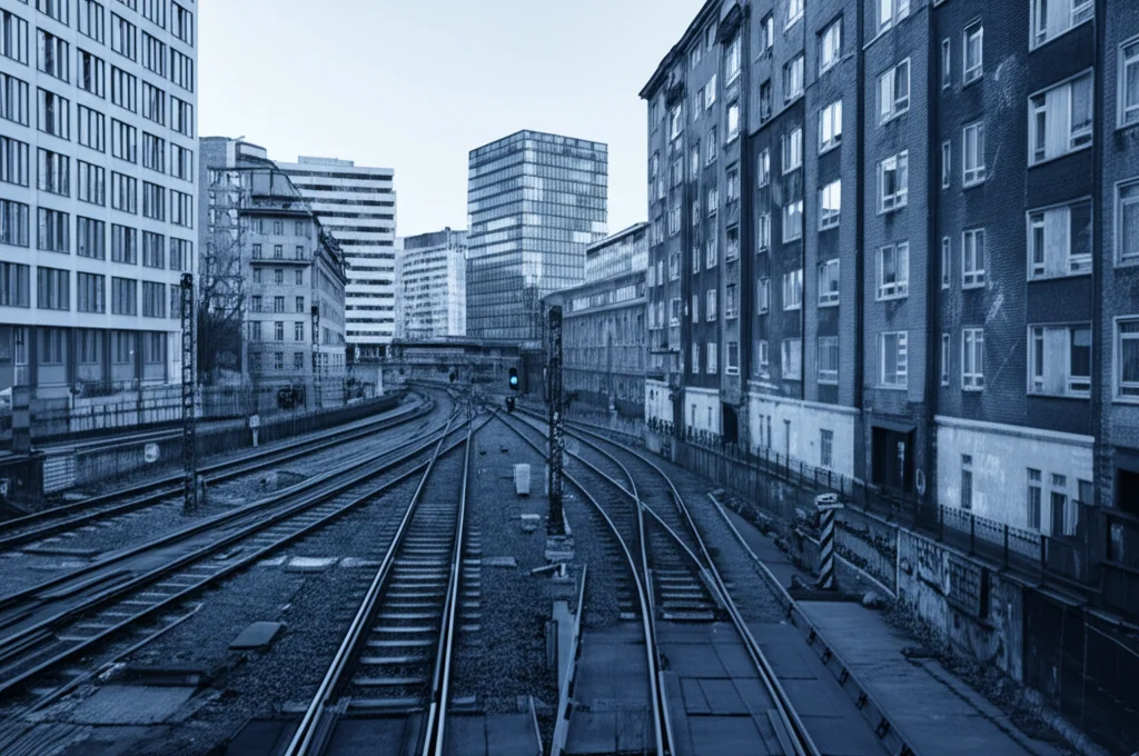 Fotografia realistica di un quartiere urbano vicino a una stazione ferroviaria, che mostra un mix di edifici moderni e più vecchi, con segni di gentrificazione come boutique di lusso accanto a negozi più datati. Scatto con obiettivo prime da 35mm, profondità di campo ridotta per focalizzare su un dettaglio, stile duotone blu e grigio per un'atmosfera riflessiva.