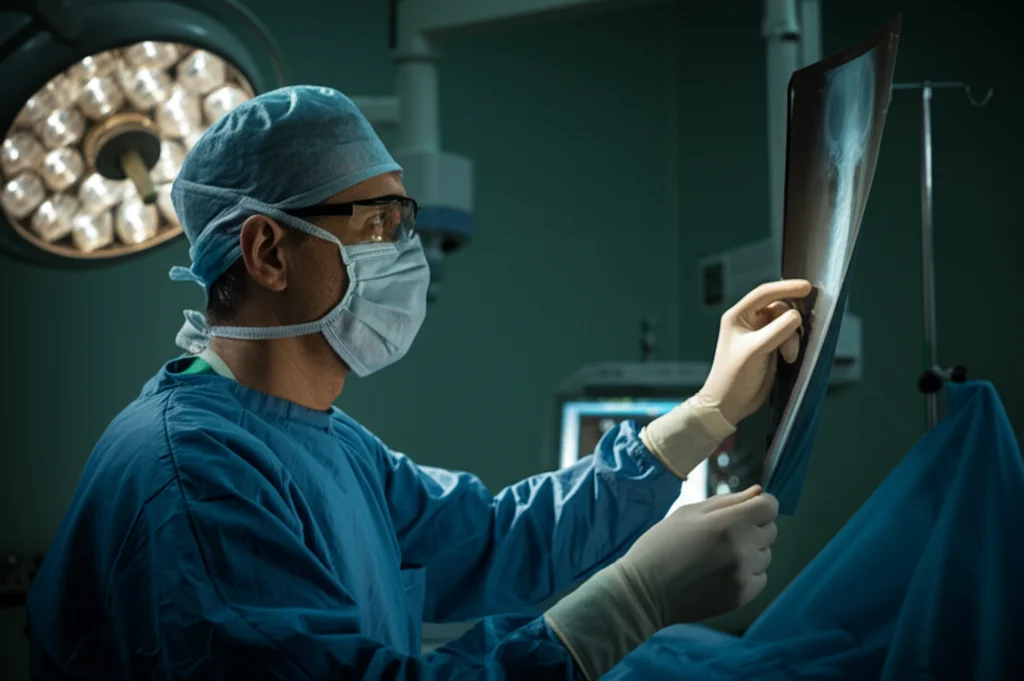 Ritratto fotografico di un chirurgo concentrato che esamina una radiografia cervicale in una sala operatoria scarsamente illuminata, stile film noir, obiettivo 35mm, profondità di campo ridotta per sfocare lo sfondo.