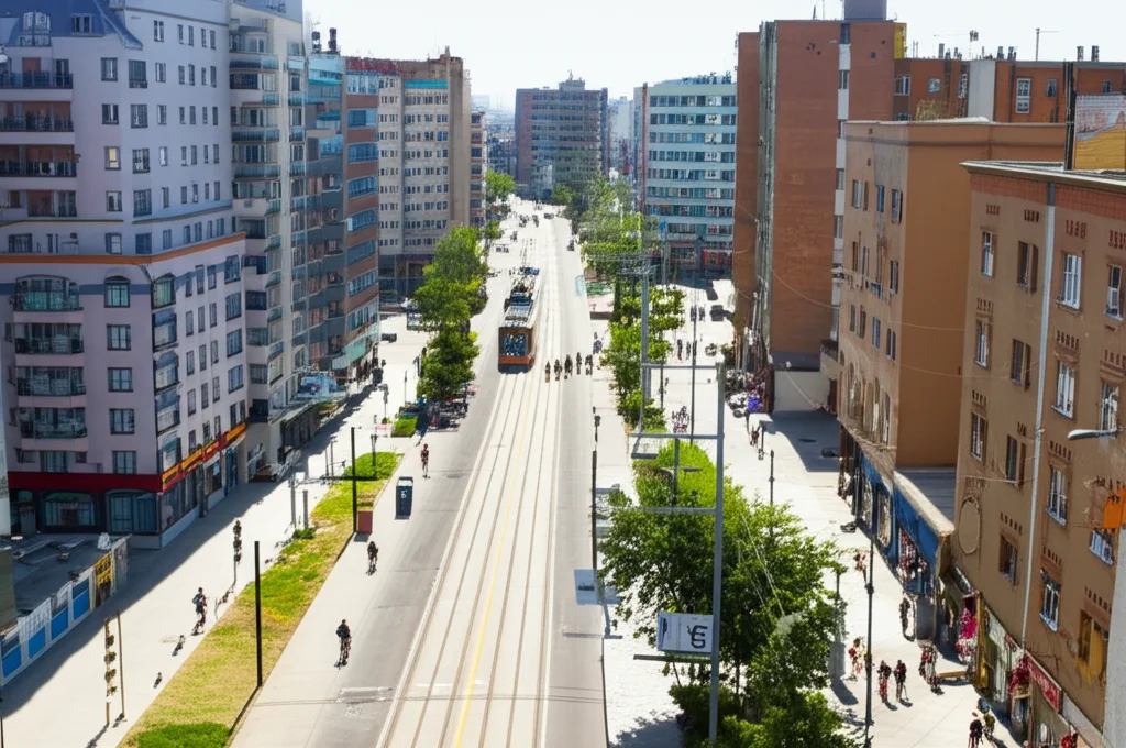 Veduta aerea grandangolare (obiettivo 10-24mm) di un corridoio urbano con una linea di trasporto pubblico (tram o metro leggero) che lo attraversa. Si vedono edifici a densità variabile, spazi verdi integrati e persone che utilizzano diverse forme di mobilità (bici, scooter, a piedi). Luce naturale brillante, messa a fuoco nitida.