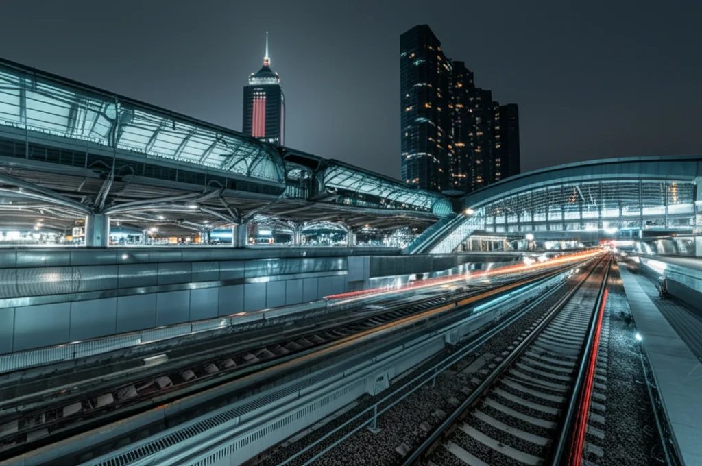 Fotografia notturna con lunga esposizione di un hub di trasporto multimodale moderno e affollato come la stazione di West Kowloon a Hong Kong. Luci al neon, treni ad alta velocità visibili, persone in movimento. Obiettivo grandangolare 15mm, messa a fuoco nitida, scie luminose.