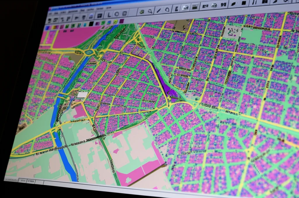 Scatto macro (obiettivo 90mm) su uno schermo di computer che mostra una mappa GIS complessa con sovrapposizioni di dati relativi alla pianificazione urbana, densità abitativa e accessibilità ai trasporti, simulando l'analisi per l'edilizia accessibile ad Austin. Illuminazione controllata, alta definizione dei dettagli sullo schermo.