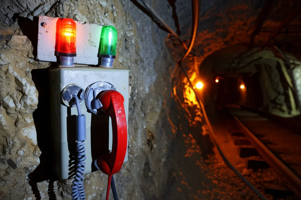 Foto realistica di un sistema di comunicazione di emergenza in una miniera sotterranea, con un telefono robusto montato sulla parete rocciosa e segnali luminosi. Obiettivo macro 90mm, messa a fuoco precisa sul telefono e sui segnali, illuminazione ambientale della miniera.