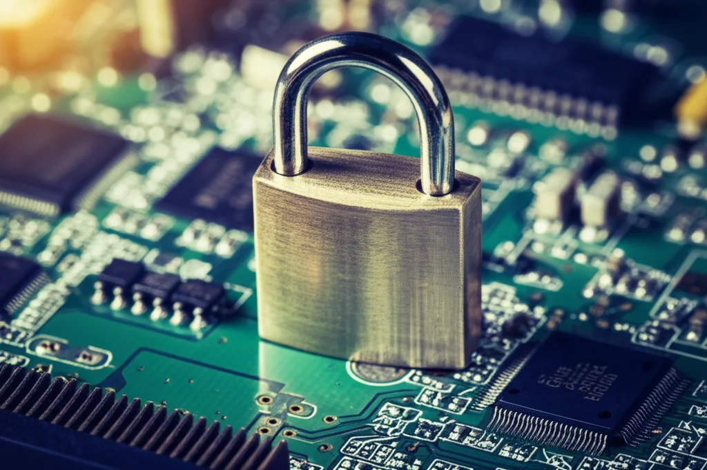 Fotografia macro di un lucchetto digitale stilizzato sovrapposto a un circuito stampato complesso di un dispositivo IoT. Illuminazione controllata e drammatica che evidenzia i dettagli high-tech. Obiettivo macro 100mm, alta definizione, focus selettivo sul lucchetto.