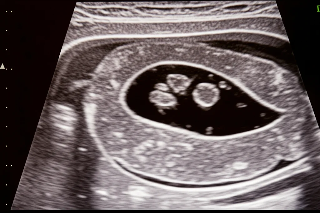 Immagine macro ad alta definizione di un'ecografia prenatale su uno schermo, che mostra chiaramente le strutture fetali e una massa tumorale con componenti cistiche. Illuminazione controllata per evidenziare i dettagli diagnostici, obiettivo macro 90mm, messa a fuoco precisa.