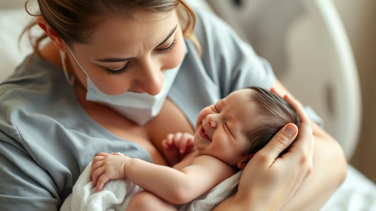 Fotografia di ritratto delicata di un neonato sorridente in braccio alla madre dopo un intervento chirurgico riuscito. Luce naturale morbida, obiettivo prime 35mm, profondità di campo ridotta per focalizzare sull'interazione, toni caldi e rassicuranti.
