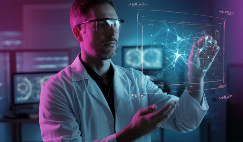 Ritratto di un ingegnere informatico che osserva con attenzione un ologramma fluttuante di una rete neurale complessa in un ambiente di laboratorio futuristico. Obiettivo 35mm, profondità di campo ridotta per isolare il soggetto, tonalità duotone ciano e magenta per un'atmosfera tecnologica e innovativa.