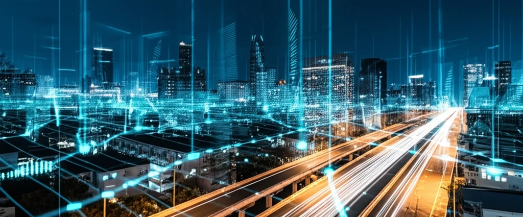 Fotografia grandangolare di un paesaggio urbano notturno visto dall'alto, con flussi di dati digitali luminosi che collegano edifici e infrastrutture. Obiettivo 20mm, lunga esposizione per catturare le scie luminose del traffico e dei dati, focus nitido sull'intera scena, atmosfera cyberpunk.