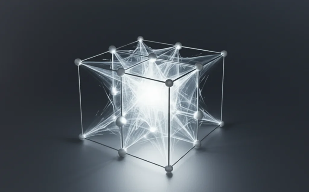 Visualizzazione astratta di un ipercubo quadridimensionale con spigoli orientati, alcuni dei quali convergono verso un unico vertice 'pozzo' illuminato. Stile grafico matematico, illuminazione controllata, alto dettaglio. Lente prime, 35mm.