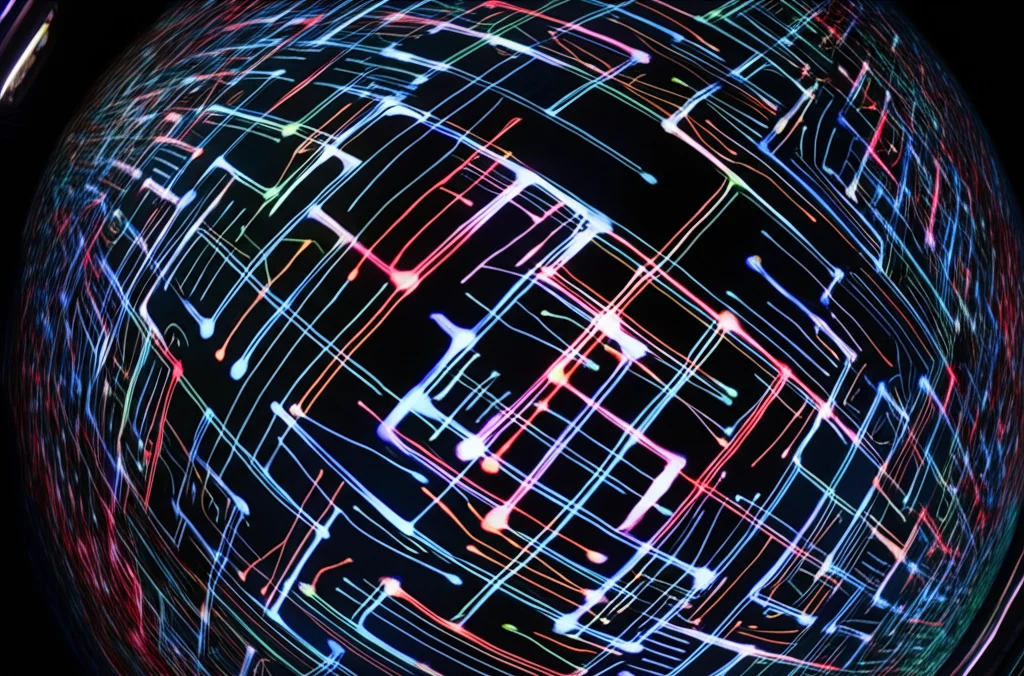 Immagine concettuale della complessità PSPACE: un labirinto tridimensionale intricato fatto di circuiti luminosi su sfondo scuro, simboleggiante un problema computazionalmente difficile. Lente grandangolare 20mm, lunga esposizione per scie luminose.