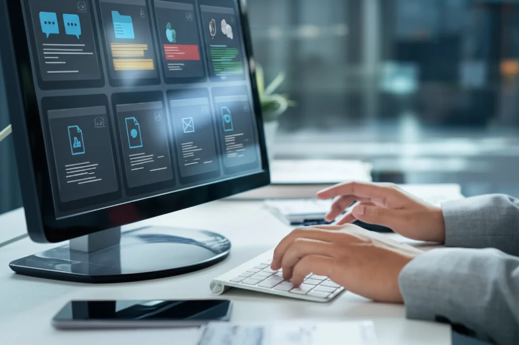 Schermata di un'interfaccia intranet aziendale su un monitor di computer, con grafici, documenti condivisi e icone di messaggistica. Accanto, una mano digita su una tastiera. Macro lens 85mm, high detail sullo schermo e sulla tastiera, illuminazione da ufficio controllata.