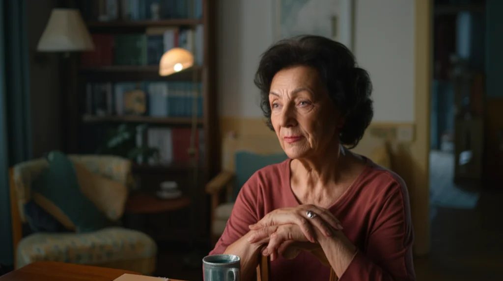 Fotografia di ritratto, una donna matura (sui 55 anni) dall'aspetto sereno e riflessivo, in un ambiente domestico accogliente ma con dettagli che suggeriscono complessità (libri, luce soffusa), obiettivo 35mm, profondità di campo, toni caldi e naturali.