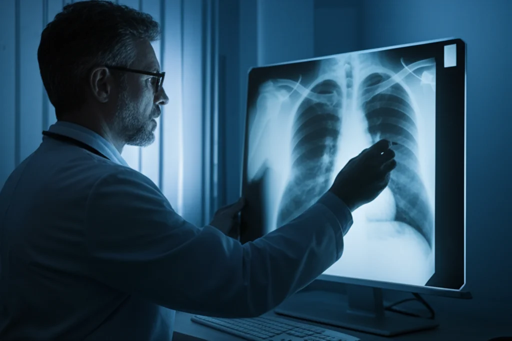 Medico che esamina attentamente una radiografia polmonare su uno schermo luminoso in una stanza poco illuminata, cercando segni di malattia polmonare interstiziale, profondità di campo, obiettivo prime 50mm, toni blu e grigi duotone.