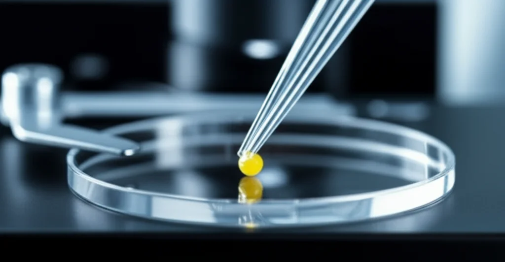 Fotografia macro di una pipetta da laboratorio che isola delicatamente un singolo nucleo cellulare da un campione di tessuto cerebrale sotto un microscopio, illuminazione controllata ad alto dettaglio, obiettivo macro 100mm, sfondo sfocato per enfatizzare il nucleo isolato, concetto di analisi a singola cellula.