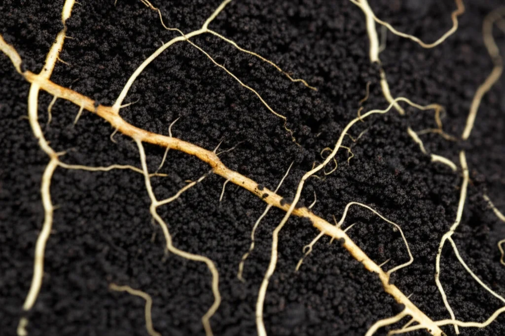 Fotografia macro, lente da 90 mm, catturando la complessa consistenza di terreno scuro e sano con strutture di radici fini, enfatizzando l'ecosistema nascosto, l'elevato dettaglio, l'illuminazione controllata.