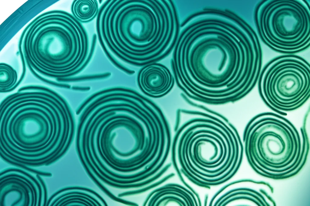 Macro fotografia di colonie filamentose blu-verdi della microalga Spirulina maxima in coltura liquida all'interno di un bioreattore da laboratorio, lente macro 100mm, alta definizione, illuminazione laterale controllata per evidenziare la struttura a spirale, messa a fuoco precisa.