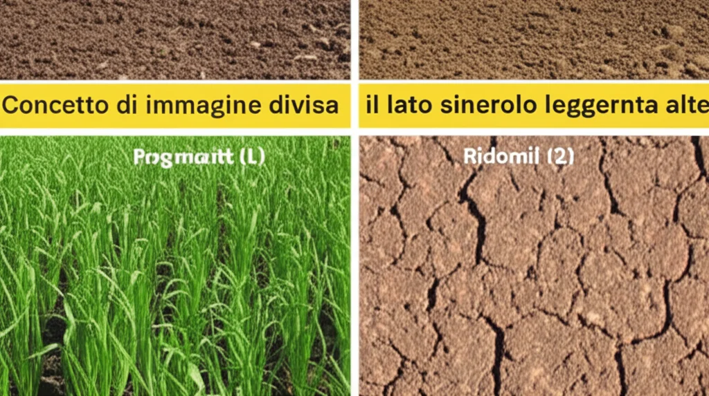 Concetto di immagine divisa: il lato sinistro mostra un terreno vibrante sotto una lente d'ingrandimento (che rappresenta l'effetto precoce del suolo del suolo), il lato destro mostra una consistenza del suolo leggermente alterata (che rappresenta l'effetto precoce Ridomil). Lente macro, 60 mm, concentrandosi precisi sulle trame.