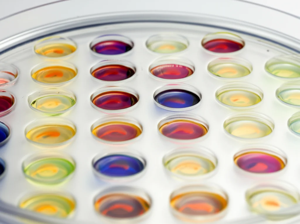 Impostazione di laboratorio, primo piano su un ecoplato biologico con vari pozzi colorati che indicano diverse attività metaboliche, lenti macro, 100 mm, dettagli elevati, illuminazione controllata, concentrarsi sulle varianti di colore.