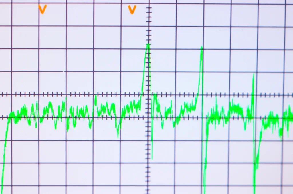 Fotografia macro ad alta definizione di un segnale digitale su un oscilloscopio che mostra un chiaro 'outlier' o picco anomalo rispetto al segnale pulito circostante, illuminazione controllata per evidenziare il contrasto. Obiettivo macro 80mm.