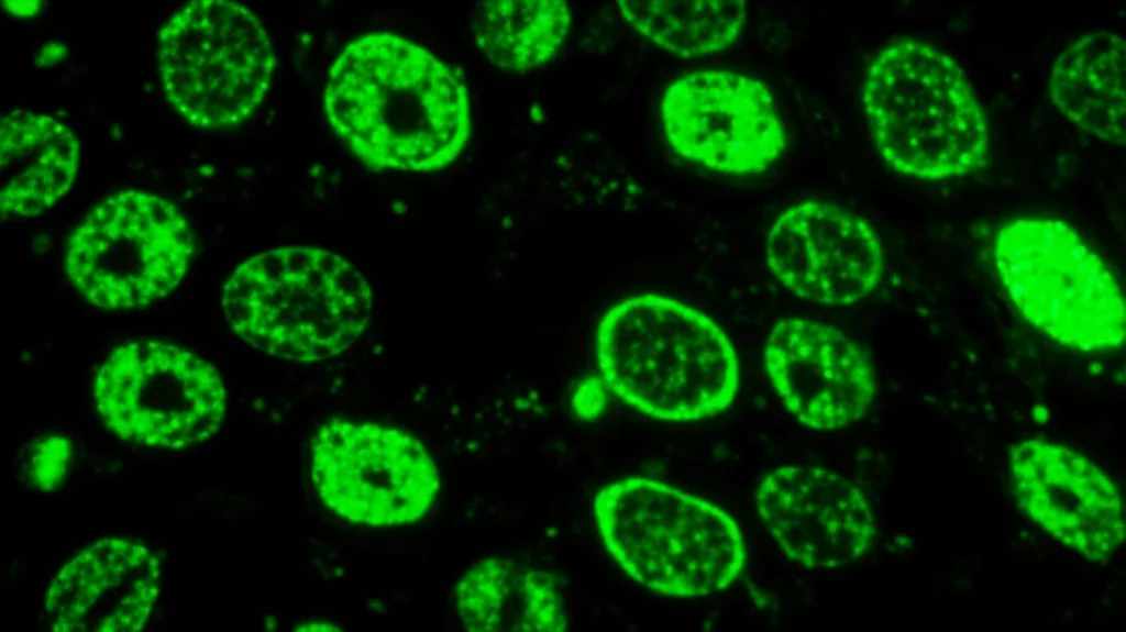 Microfotografia di tessuto renale affetto da Nefropatia da IgA, obiettivo macro 100mm, alta definizione. Si osservano i glomeruli con depositi di IgA evidenziati da immunofluorescenza verde brillante su sfondo scuro, illuminazione controllata per dettagli patologici.