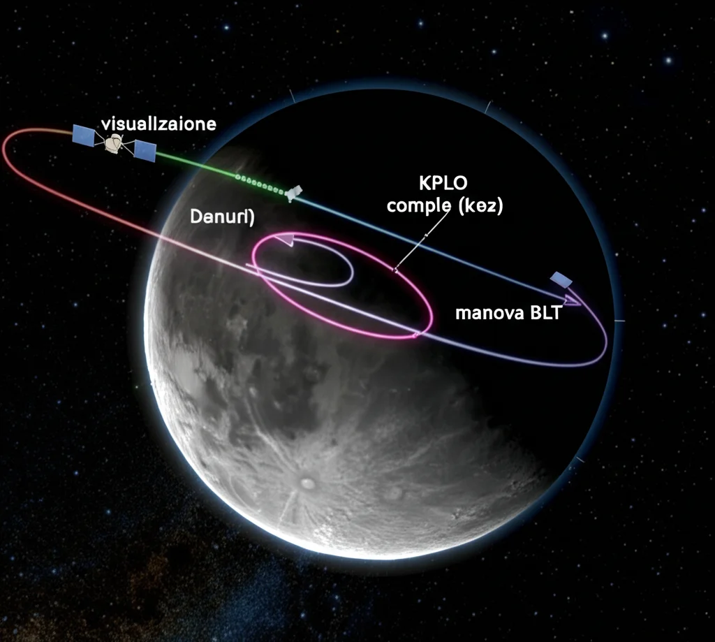 Visualizzazione 3D su uno schermo di computer della traiettoria complessa di KPLO (Danuri) dalla Terra alla Luna, evidenziando la manovra BLT. Grafica ad alta definizione, colori contrastanti per la Terra, la Luna e la traiettoria, simulazione di dati orbitali in aggiornamento.