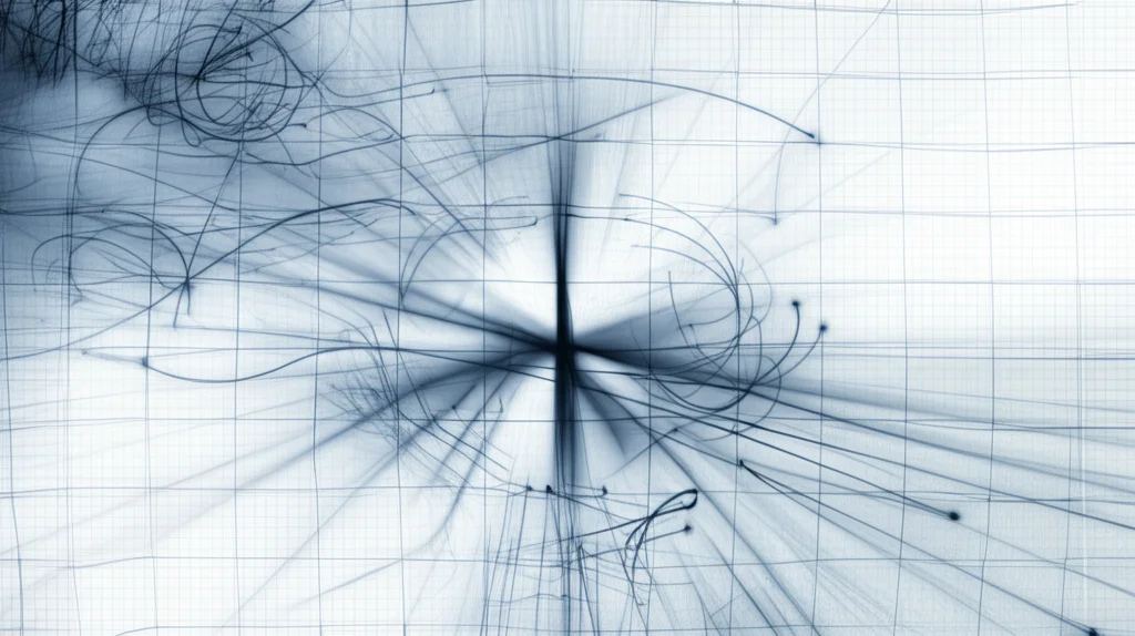 Visualizzazione astratta di traiettorie multiple e caotiche generate da un'equazione differenziale stocastica, sovrapposte a una griglia matematica evanescente, effetto mosso leggero, colori freddi (blu e grigio duotones), wide-angle 24mm, sharp focus.
