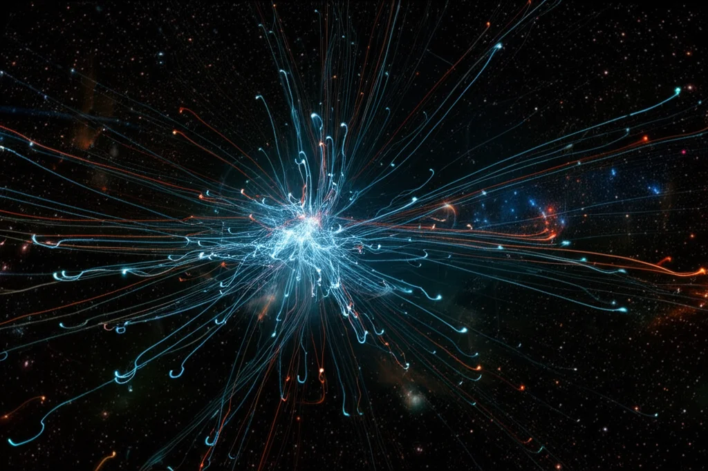 Concetto di integrale sui cammini: una miriade di percorsi luminosi simili a stringhe quantistiche che fluttuano nello spazio-tempo, convergenti verso una regione centrale, sfondo scuro cosmico, long exposure, wide-angle 10mm, stile astratto ma fotorealistico.