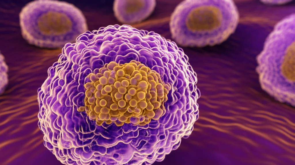 Illustrazione 3D del meccanismo d'azione del Celastrol. La molecola di Celastrol interagisce con la proteina TGase-2 all'interno di una cellula mesangiale renale, bloccando la via di segnalazione infiammatoria che coinvolge HMGB1. Stile fotorealistico con profondità di campo, colori duotone viola e oro per evidenziare l'interazione molecolare.