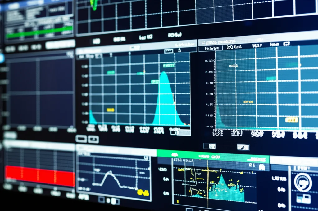 Primo piano di uno schermo in una sala controllo che mostra grafici complessi di telemetria e stime del carburante di una sonda spaziale. Macro lens 100mm, alta definizione dei dettagli sui grafici, illuminazione controllata per evitare riflessi sullo schermo.