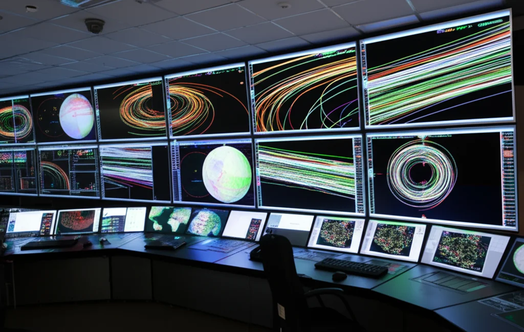 Fotografia grandangolare (18mm) di una sala di controllo moderna con più schermi che mostrano dati di tracciamento e traiettorie balistiche complesse e fluide, luce ambientale soffusa con schermi luminosi, messa a fuoco nitida sull'intera scena.