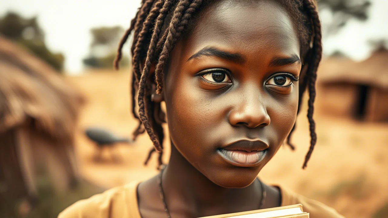Ritratto fotografico di una giovane donna africana pensierosa, sui 18-20 anni, in un contesto rurale ma con un libro di scuola in mano. Luce naturale morbida, obiettivo da ritratto 35mm, profondità di campo ridotta per sfocare lo sfondo e concentrarsi sulla sua espressione. Duotono seppia e ocra.