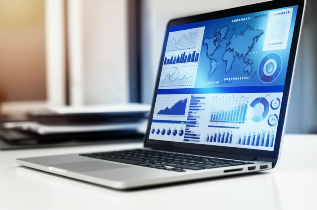 Primo piano di un computer portatile aperto su un database medico complesso, con grafici e tabelle visibili sullo schermo. Luce da ufficio controllata, obiettivo macro 80mm per evidenziare i dettagli dei dati e l'analisi in corso.