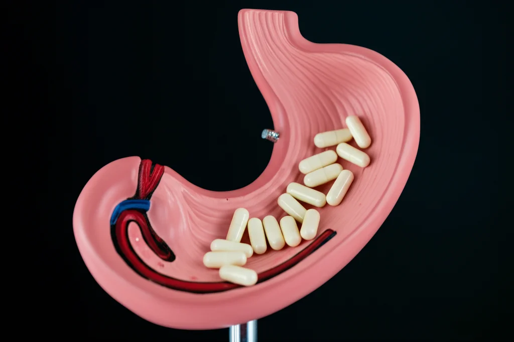 Immagine macro di capsule di farmaci antitumorali (Lenvatinib e Pembrolizumab stilizzati) accanto a un modello anatomico dello stomaco e dell'intestino, illuminazione controllata, obiettivo 100mm macro, alta definizione per mostrare la texture delle capsule e del modello.