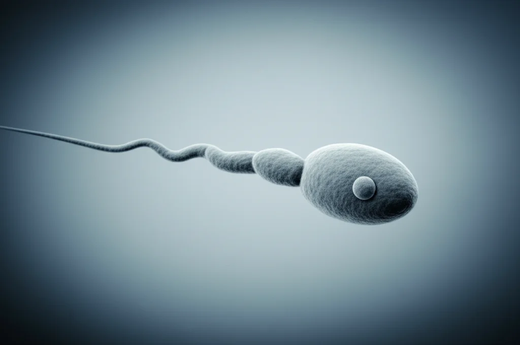 Immagine simbolica di uno spermatozoo stilizzato che nuota verso un ovulo su sfondo blu e grigio duotone, concetto di fertilità e riproduzione assistita, profondità di campo, lente 35mm.