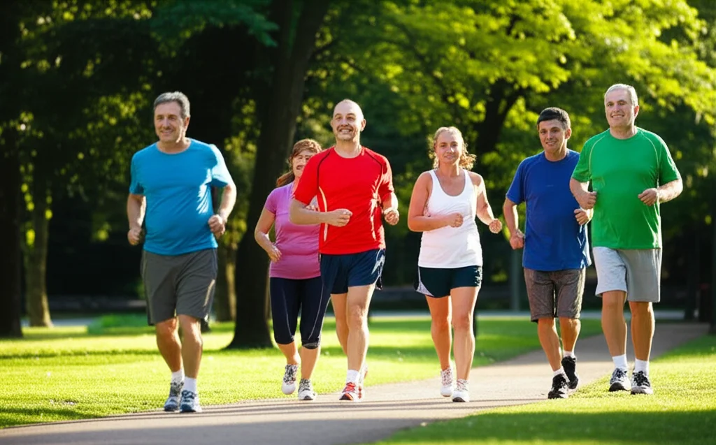 Un gruppo eterogeneo di persone di mezza età e anziani che fanno jogging leggero in un parco cittadino al mattino presto. Teleobiettivo zoom 200mm, fast shutter speed per catturare il movimento, luce naturale morbida.