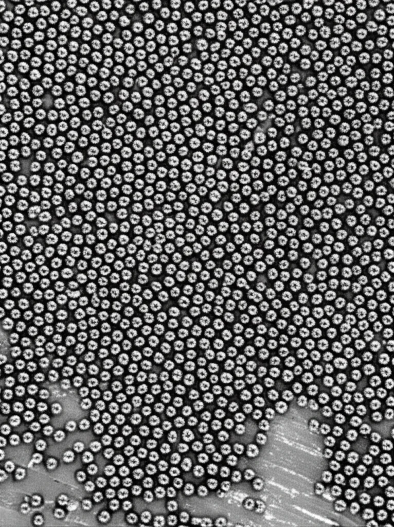 Immagine macro ad altissima definizione di nanoparticelle di nichel sferiche, di circa 40-50 nm, distribuite uniformemente su una superficie metallica leggermente ruvida (acciaio placcato nichel). Illuminazione da studio controllata per evidenziare la texture e la lucentezza metallica delle nanoparticelle. Obiettivo macro 100mm, messa a fuoco precisa.