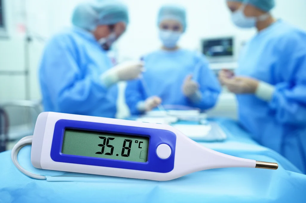 Fotografia realistica di una sala operatoria moderna e luminosa, focus su un termometro digitale che segna 35.8°C vicino a un paziente coperto da teli chirurgici, obiettivo 35mm, profondità di campo per sfocare leggermente lo sfondo, illuminazione controllata.