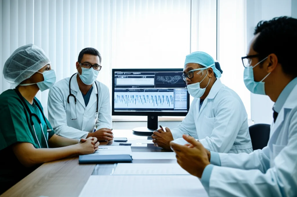 Fotografia realistica, stile documentaristico, di un gruppo misto di infermieri, anestesisti e chirurghi in camice che discutono attorno a un tavolo in una sala riunioni ospedaliera, con grafici sulla prevenzione dell'ipotermia visibili su uno schermo alle loro spalle, obiettivo 50mm, luce naturale dalla finestra.