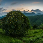 Fotografia di paesaggio grandangolare degli altopiani lussureggianti di Bamboutos in Camerun al tramonto, con un albero di avocado in primo piano carico di frutti maturi visibili tra le foglie. Obiettivo grandangolare 20mm, lunga esposizione per nuvole soffici e cielo dai colori caldi, messa a fuoco nitida sull'albero e sul paesaggio montuoso sullo sfondo, alta definizione.